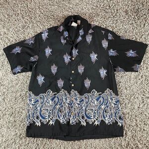 Xg Shirt Mens Large L Y2K Dragon Polyester Vintage Button Down Black Japanese